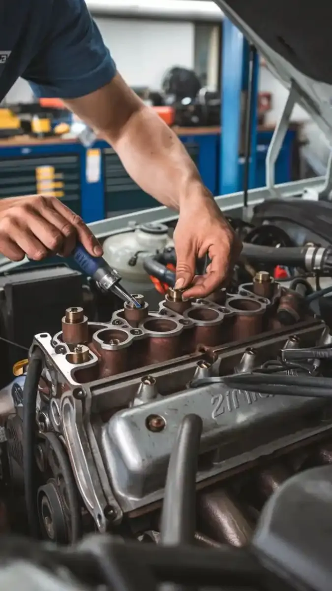 Profissional realiza o ajuste técnico de componentes mecânicos diretamente no bloco superior do motor de um veículo com o capô aberto.