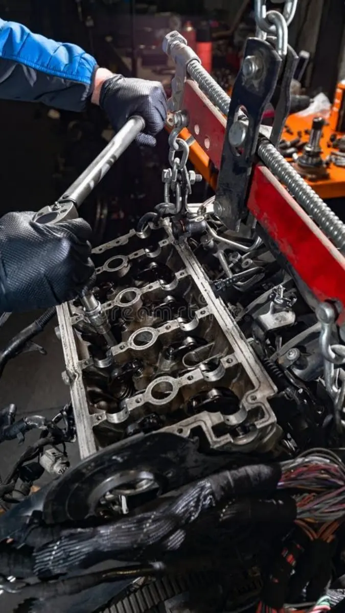 Profissional com luvas pretas utiliza ferramenta de torque em um motor automotivo fixado em suporte metálico de elevação.